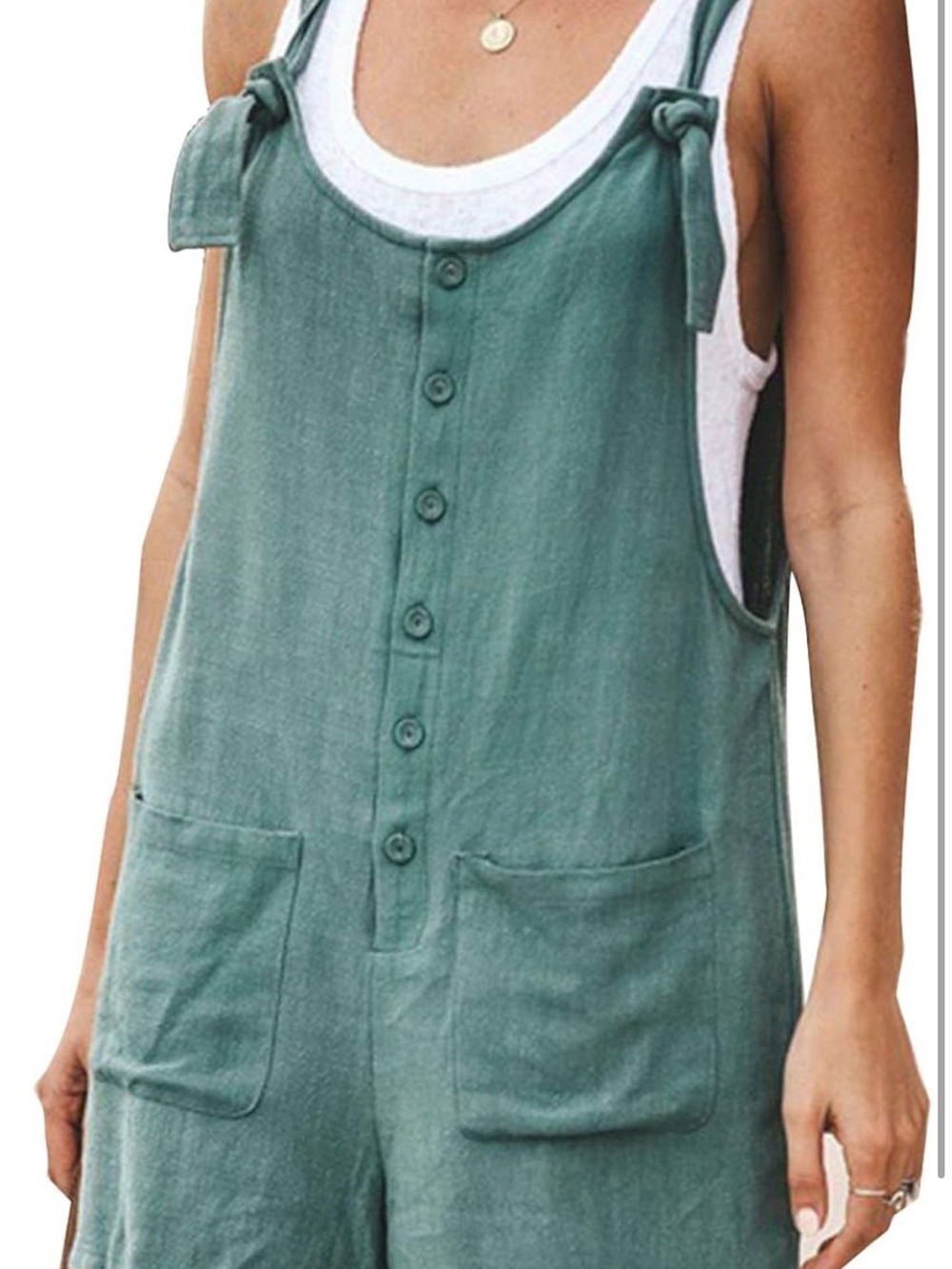 Casual Tie-Strap Button Front Green Romper